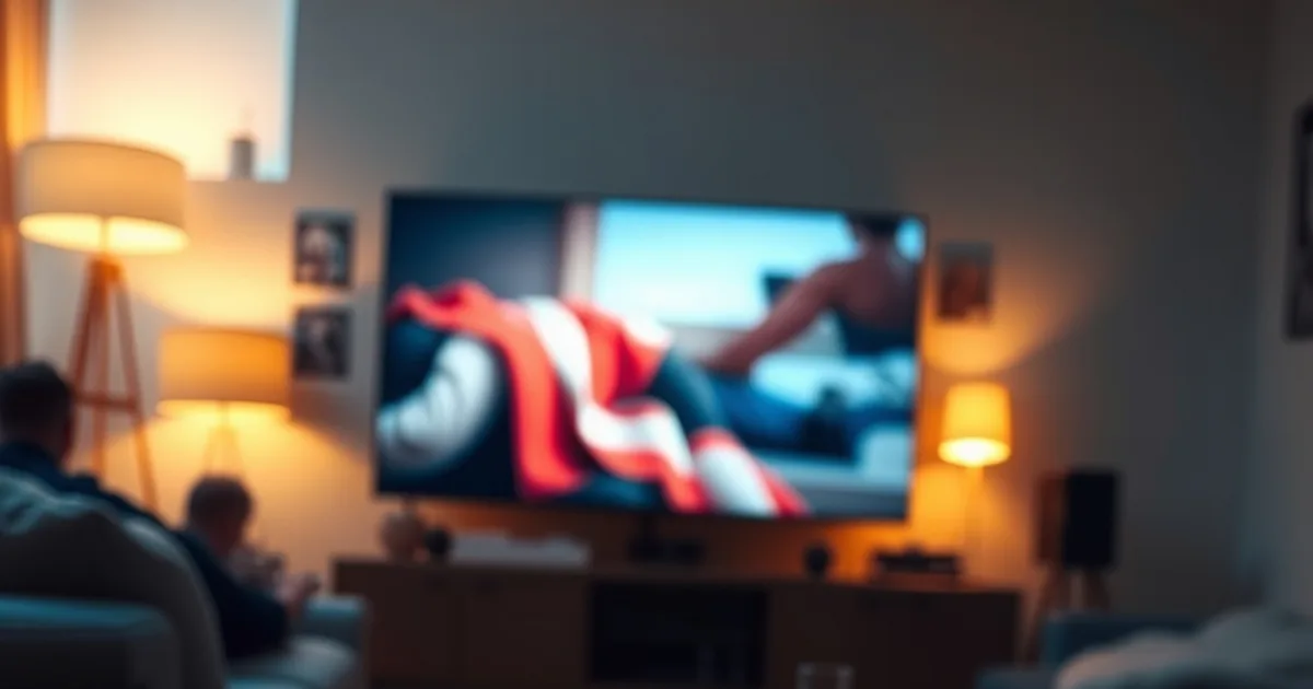 A dimly lit family living room with a smart TV glowing in the background and a tablet and phone on a table in the foreground, each showing a soft padlock icon, evoking secure family streaming