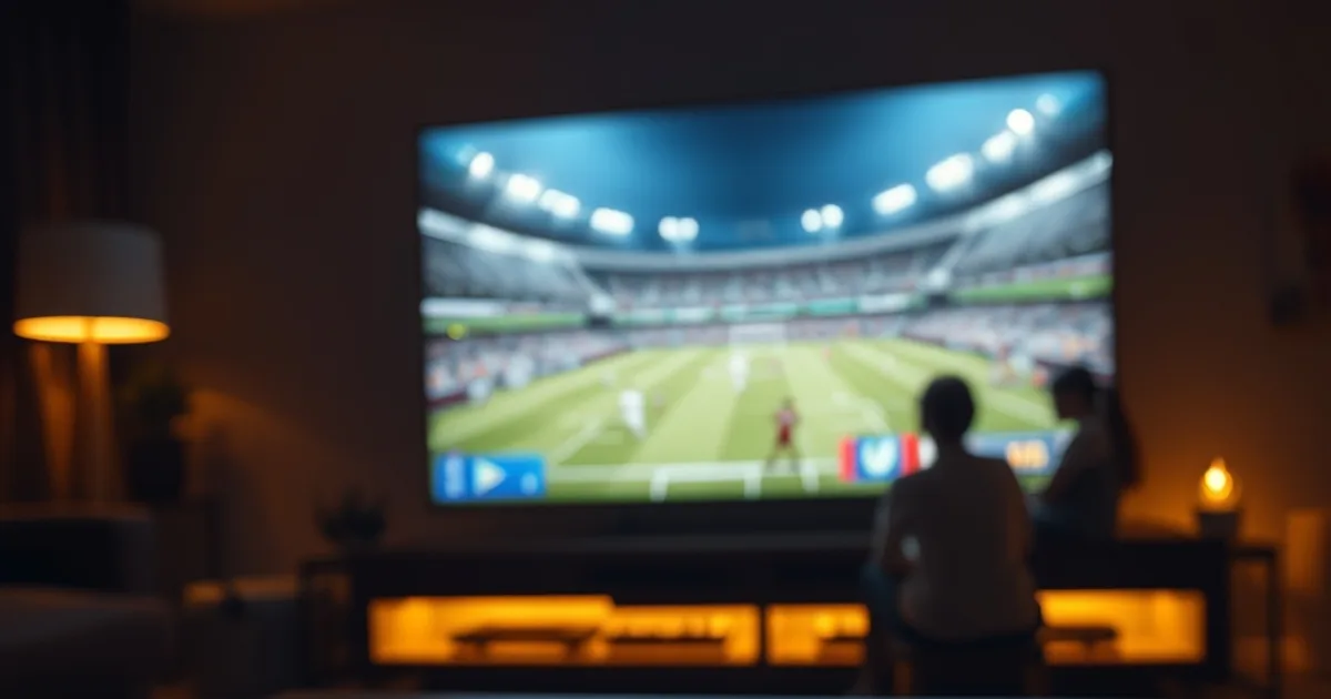 A dark, cinematic living room at night with a football match playing on a large television and an iPhone glowing on the coffee table in the foreground, an Apple TV visible beneath the screen