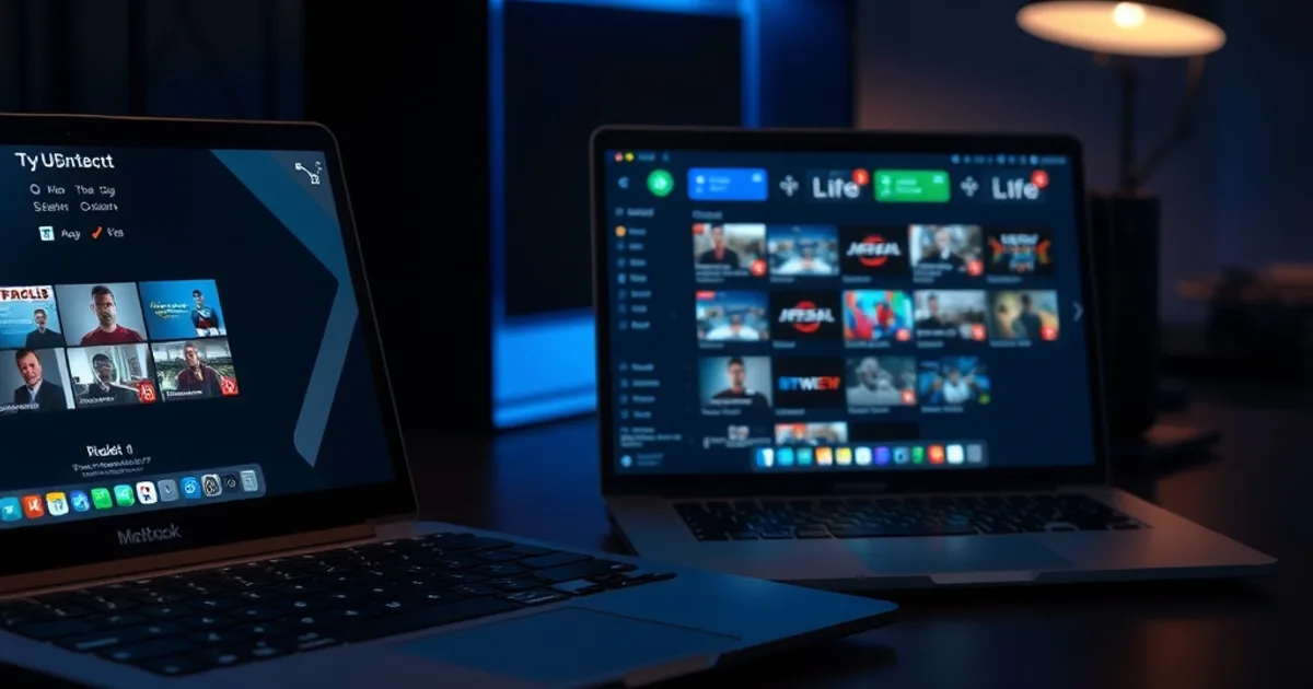 A MacBook and a Windows laptop side by side at night, both screens displaying a grid of live sports channels in a dark home office