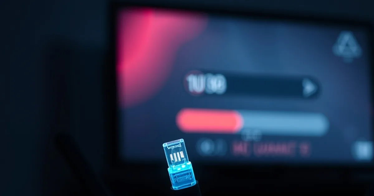 A home router at night with one cable glowing steady blue and another fading dim red, symbolizing throttled internet traffic, with a buffering TV screen blurred in the background