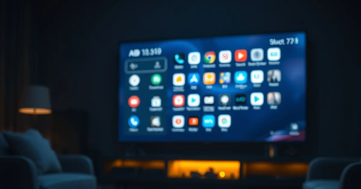 Dark living room at night with a Smart TV glowing on its app home screen and a remote control resting on the coffee table in front of it.