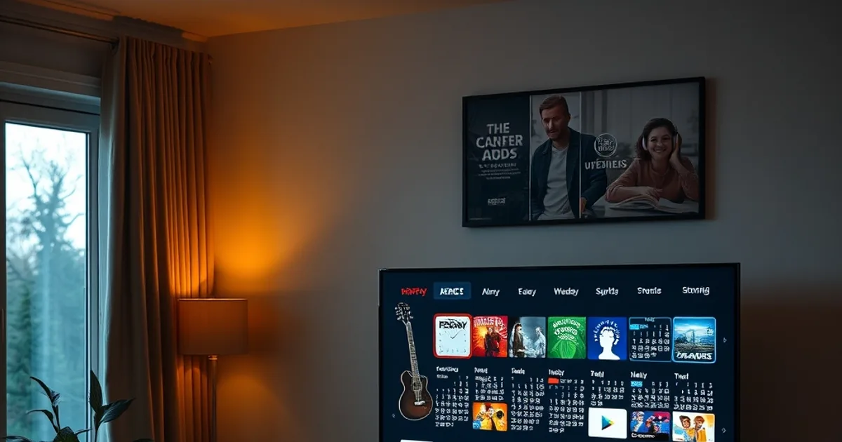 A living room TV showing a yearly calendar beside a streaming interface, warm evening light
