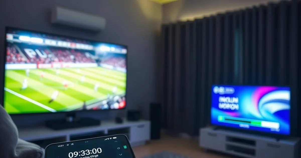 A late-evening living room lit only by a large TV mid-match, a Champions League football game playing crisp and clear on screen, a smartphone resting on the armrest showing a free-trial countdown timer, with a second, dimmer TV faintly visible in the background frozen on a buffering icon, contrasting a smooth stream against a stalled one