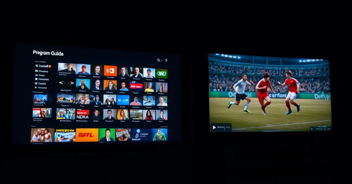 Two dark living-room television screens glowing side by side at night, one showing a program guide grid and the other a live football match, with a streaming remote resting in the foreground.