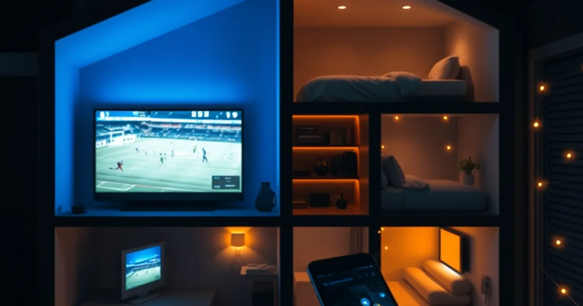 Dark cinematic cross-section of a home at night showing football matches playing on screens in three separate rooms at once, connected by glowing network lines