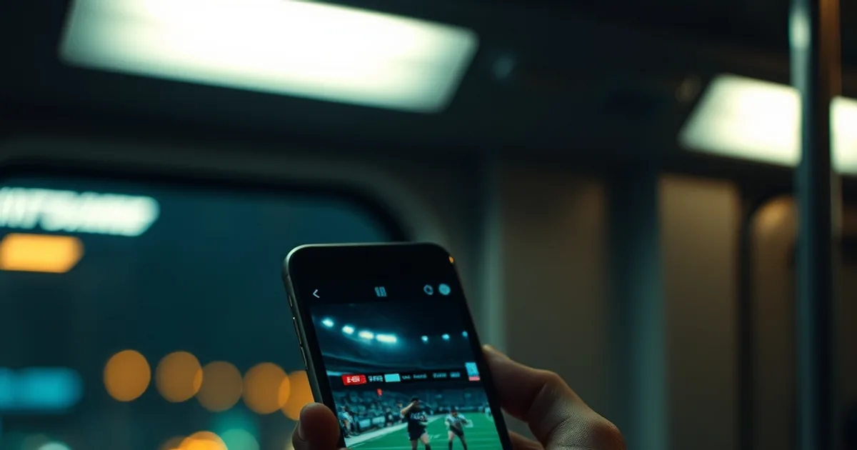 A smartphone streaming a live sports broadcast, its screen glowing in a dim transit setting at night