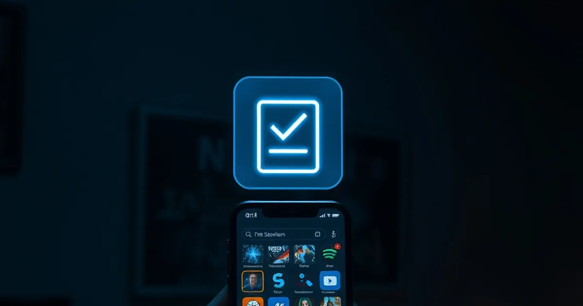 Hands holding a smartphone with a streaming app interface glowing in a dark room, a faint verification checkmark overlay hovering above the screen