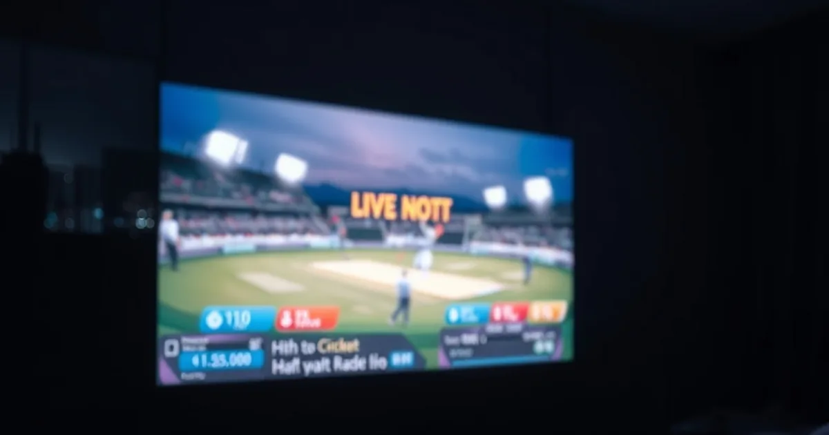 A dark living room lit only by a TV glowing with a live cricket match, a streaming remote resting nearby, evoking a diaspora household watching Indian sports abroad at night.