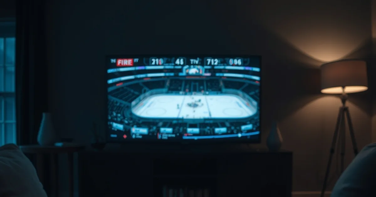 Dark living room lit by a television showing a hockey game, with a streaming remote in the foreground suggesting multiple simultaneous broadcast feeds