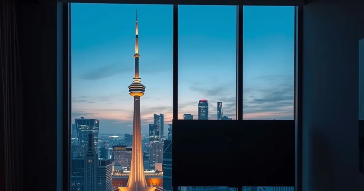 Dark, cinematic Toronto condo living room at night with the city skyline and CN Tower visible through a large window, a wall-mounted TV glowing softly in the foreground
