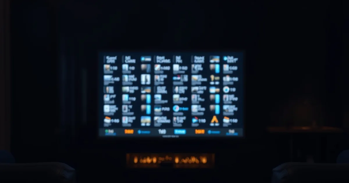 A dark living room at night lit by a TV showing a program guide grid, with a remote control resting nearby