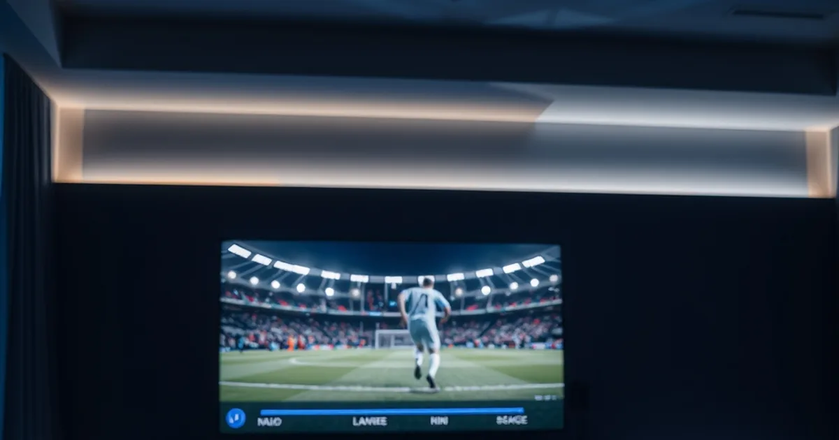 A dark living room lit by a TV showing a paused soccer match replay with a program guide timeline glowing at the bottom of the screen