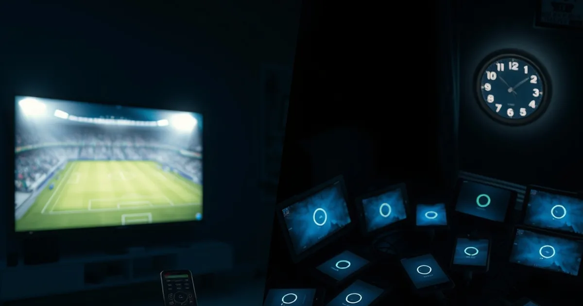 Split dark scene contrasting one large screen showing a floodlit football field against a cluttered coffee table with five separate devices each stuck on a loading spinner