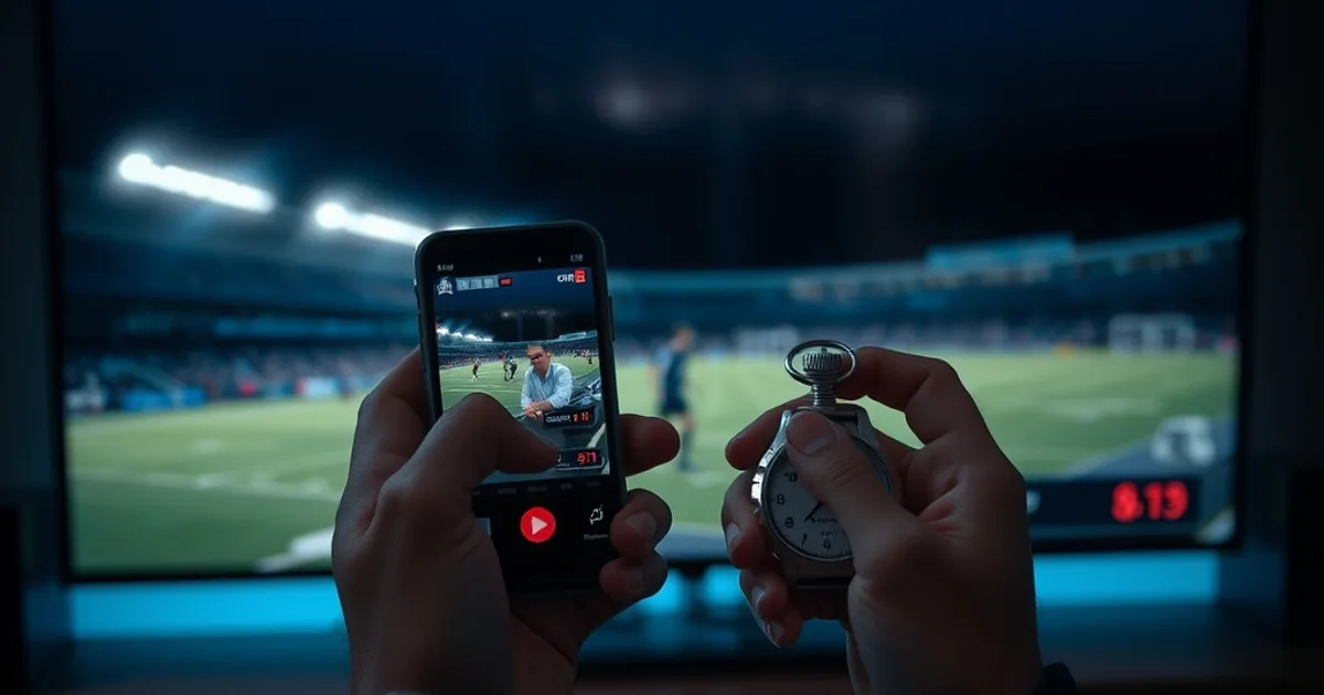 A stopwatch and smartphone held up beside a dark TV screen showing a live sports stream, illustrating latency testing for an IPTV service