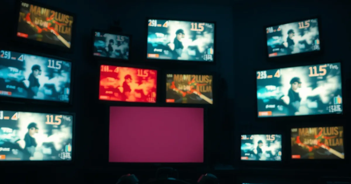 A dark room with a wall of screens streaming live channels, one frozen mid-glitch, with a glowing stopwatch in the foreground symbolizing testing IPTV reliability
