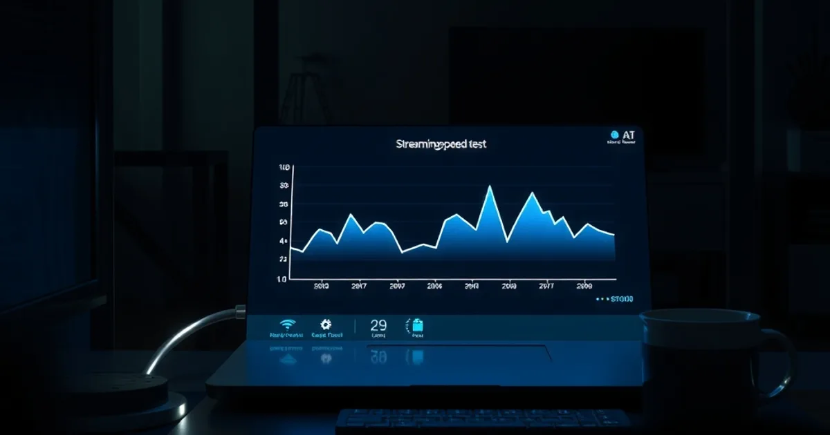 A laptop in a dark room displaying a declining streaming performance graph, lit by cool blue screen glow.
