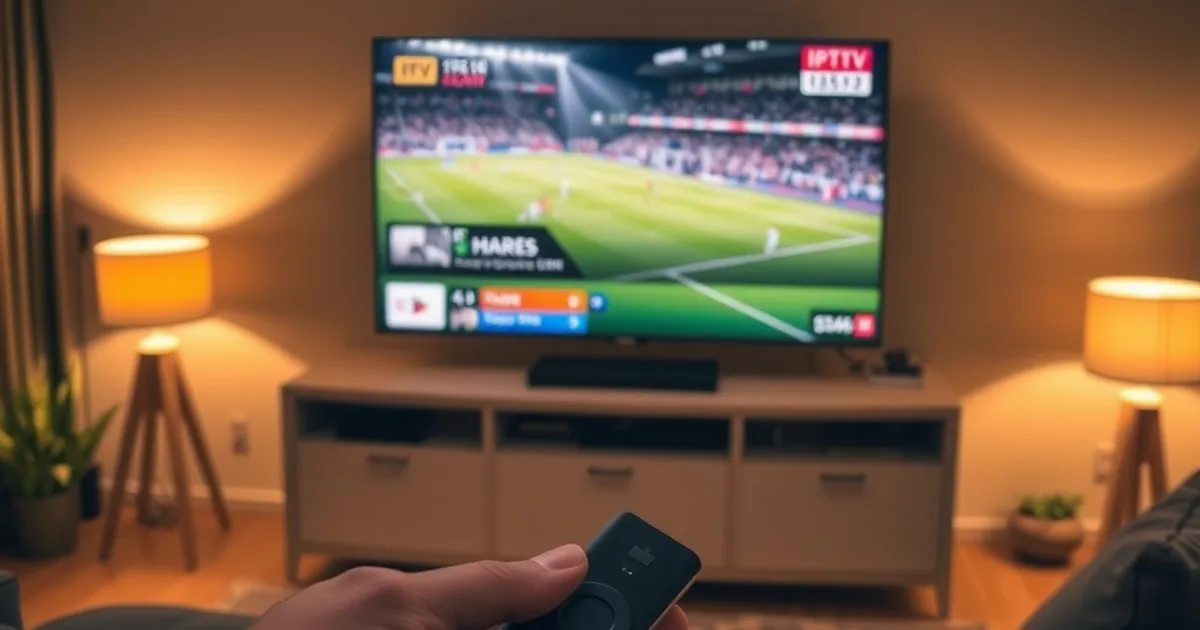 A cozy living room at night lit by warm lamp light, a hand holding a Fire TV Stick remote in the foreground, a wall-mounted TV in the background streaming a live football match with a crisp scoreboard overlay and a sharp, buffer-free picture, conveying a hands-on IPTV scam red-flag test on Firestick.