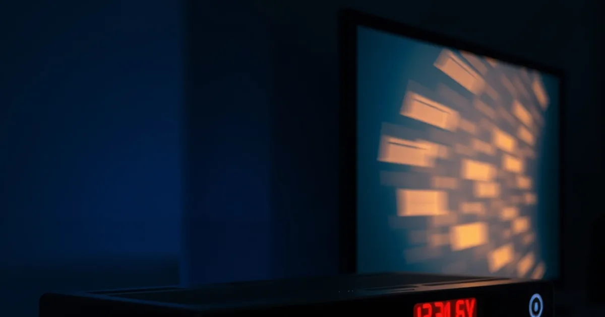Two set-top boxes in a dark room, one glowing steady blue with a clear stream, the other flickering red with static, symbolizing real versus fake IPTV services