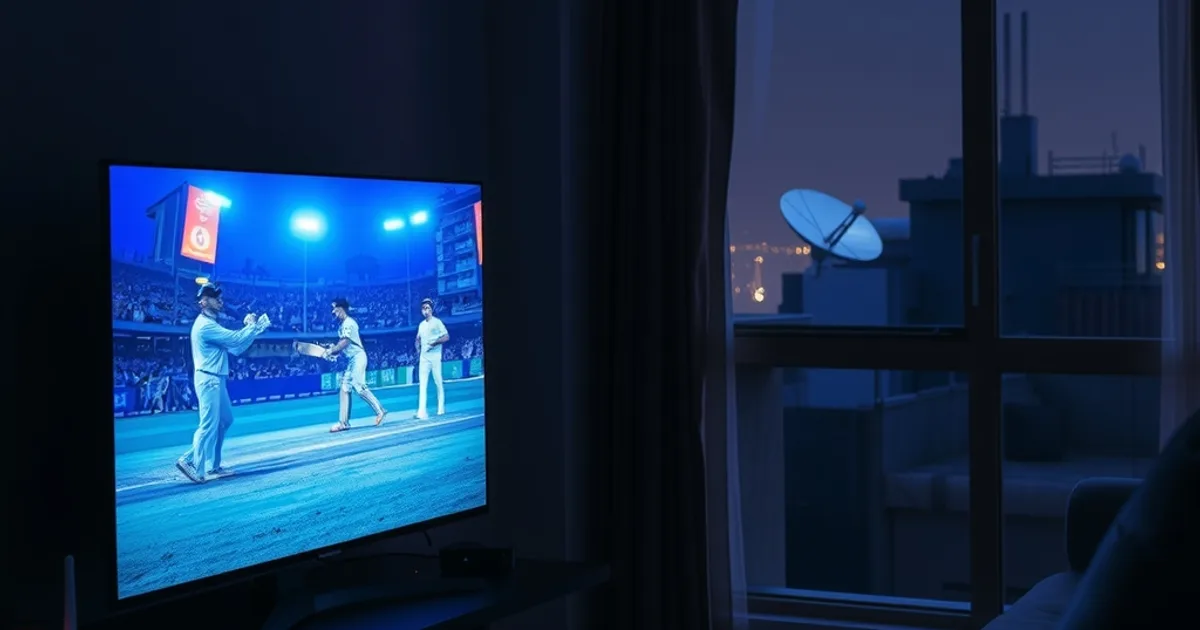 A dark, modern Indian living room lit by a TV showing a live cricket match, with a Wi-Fi router glowing nearby and an unlit satellite dish visible on a distant rooftop through the window.