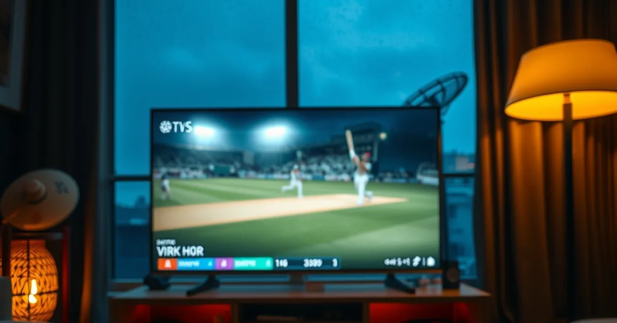 A dimly lit Indian living room with a TV streaming a live cricket match and a smartphone on the table, an old satellite dish visible through a rainy window in the background