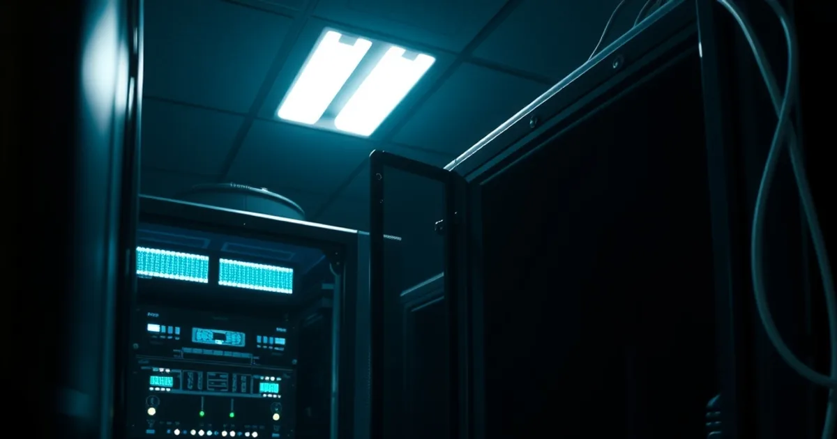 A dark data center where one server rack stays lit and running while a neighboring rack sits dark and unplugged