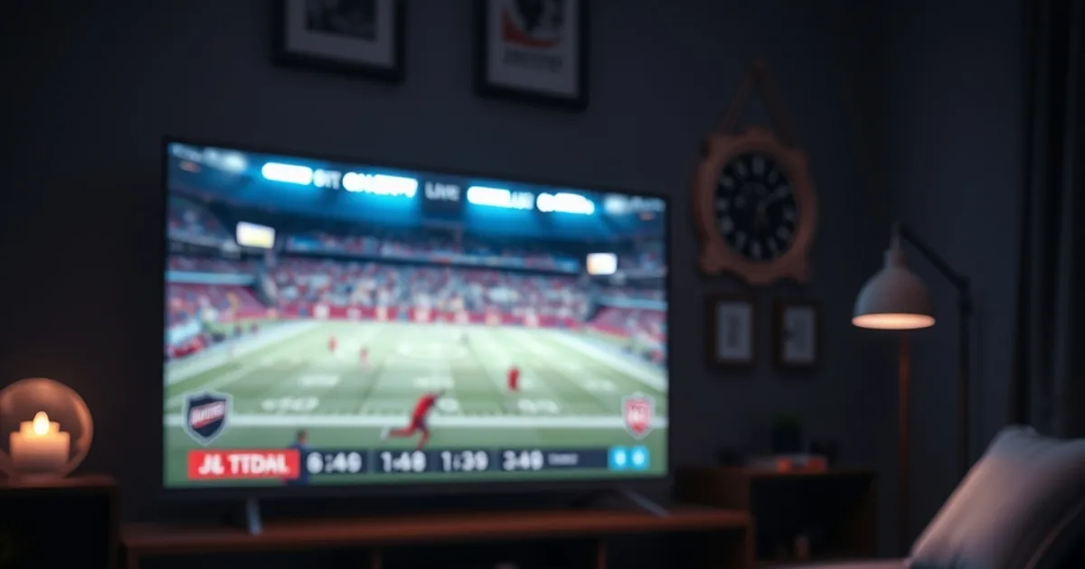 A dark living room at night with a TV, tablet, and phone all streaming live sports, a stopwatch and checklist notebook resting on the table beside them