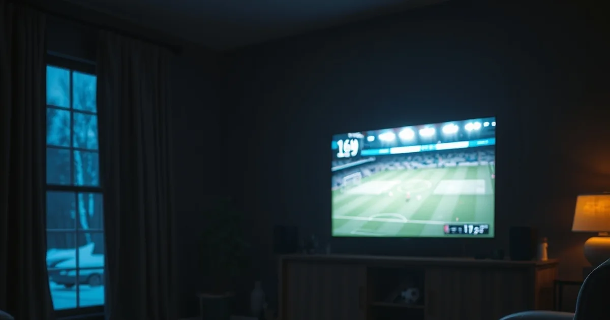 A dark, cozy Canadian living room at night with a TV glowing from a live soccer match, old cable bills left unused on a side table