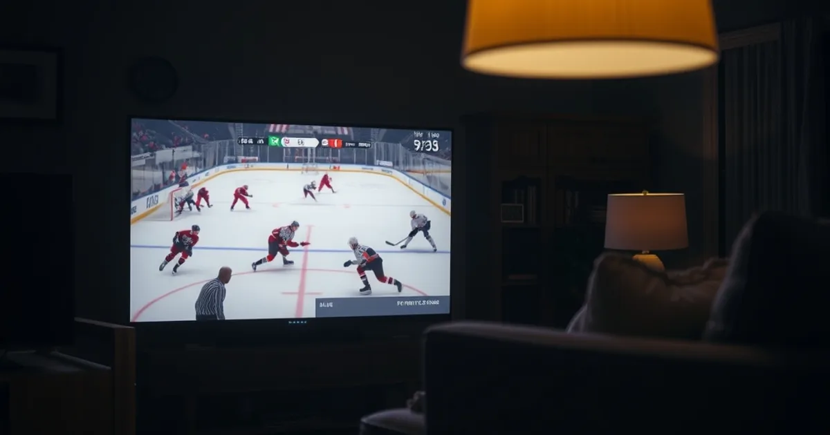 A dark Canadian living room at night with a TV glowing during a live hockey game, a faint static flicker at the screen's edge suggesting a competing stream cutting out