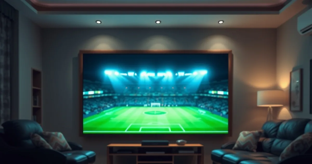 Dark living room lit by a wall-mounted TV showing a blurred floodlit football pitch, with a streaming remote resting on the coffee table in the foreground