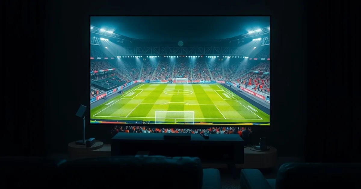 Dark living room at night lit by a large television showing a glowing, packed soccer stadium at kickoff