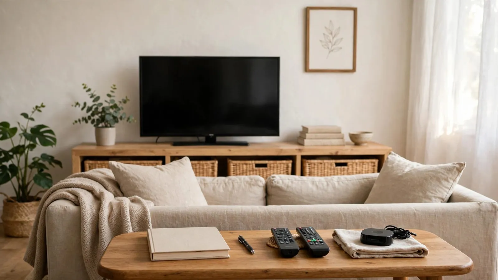 Living room environment featuring a sofa positioned opposite an unlit television display.